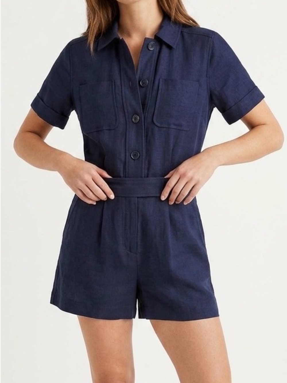 Ann Taylor Navy Blue Linen Blend Short Sleeve Utility Romper Jumpsuit Size 2